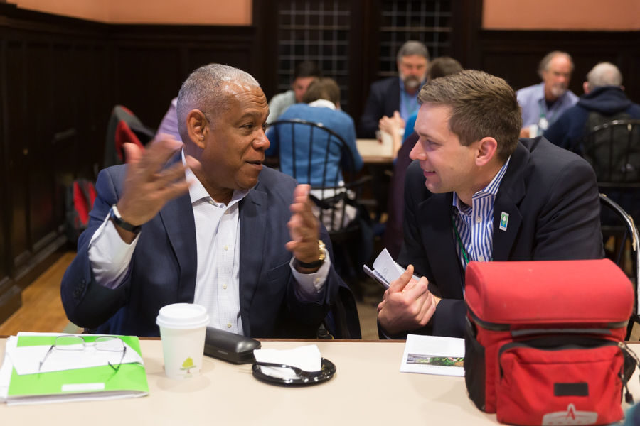 Mitch Silver, New York City parks commissioner, chats with Niles Barnes, Greenway deputy director.