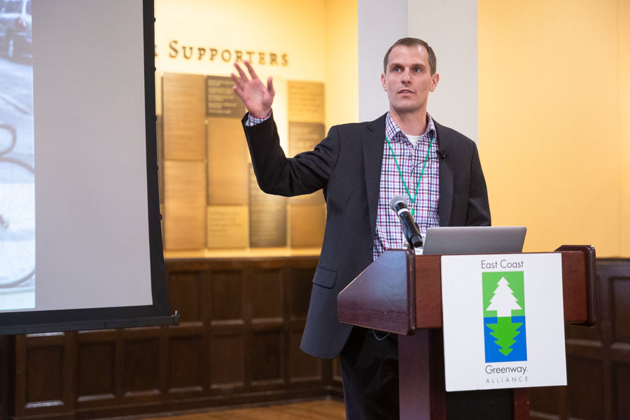 Matt Ludwig, an NV5 engineer and planner, introduces the regional impact report, "Investing in Our Future," that he and his team prepared for the East Coast Greenway.